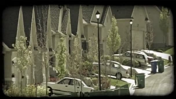 ガレージ 背の高い街路灯 木と茂み ゴミ箱と同じように設計された住宅の通り完全な Suburbian の裏ズームします — ストック動画