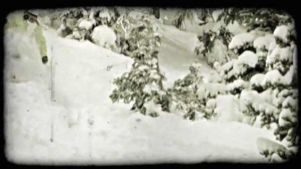 Femme Skieuse Vêtue Blanc Vert Skis Ralenti Descente Couverts Neige — Video