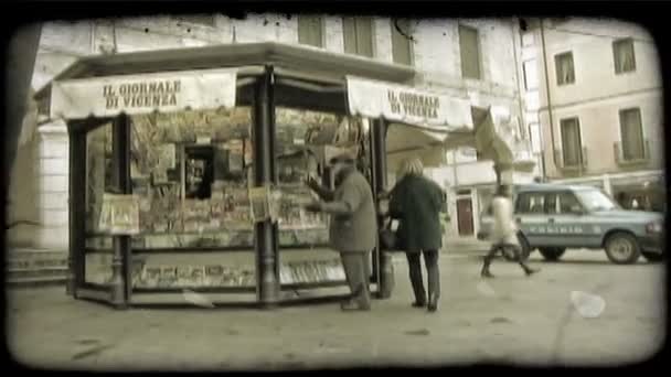 Shot Man Buying Something Newspaper Magazine Stand Italy Vintage Stylized — Stock Video