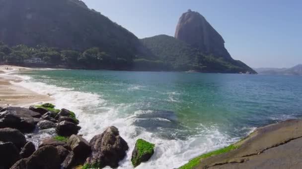 Colpo Rallentatore Onde Che Riversano Rocce Ricoperte Alghe Sulla Spiaggia — Video Stock