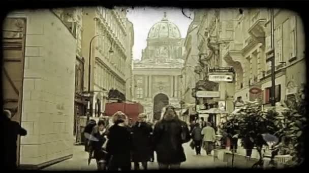 Crowd Austrian Townspeople Walking Sidewalk Two Buildings Vienna Vintage Stylized — Stock Video