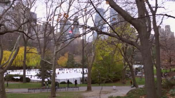 Slow Pannen Shot Van Schaatsen Ijsbaan Central Park — Stockvideo