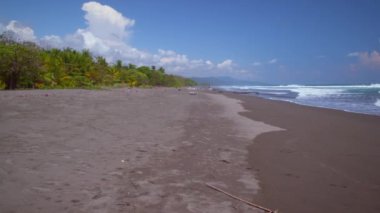 Dalgaların, kumların ve sahilin tropik ormanının görüntüleri. Uzak dağlar da ufukta görünür.