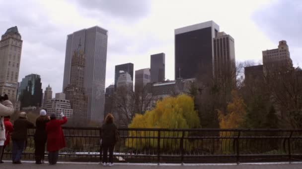 Shot Emberek Télen Viselnek Képek Városkép Jégpálya New Yorkban — Stock videók