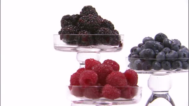 果実のコップ 白い背景の上のラズベリー ブラックベリー ブルーベリーの Isoletaed — ストック動画