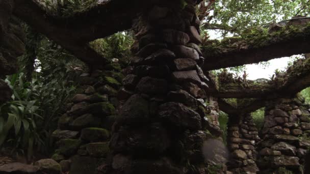 Tracking Shot Stone Structure While Three Nuns White Walk Column — Stock Video