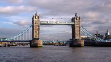 Londra, İngiltere'de arka planda Tower Bridge ile kamera önünde Kuşlar uçar.