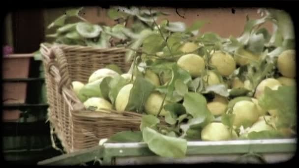 バナナとイタリアのフルーツ スタンドでバスケットの他の果物のショット ビンテージの様式化されたビデオ クリップ — ストック動画
