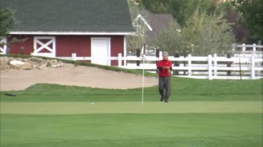 Yeşil bir golfçü orta bir kadeh. O bayrağı kaldırır ve vurmak hazır hale getirilir.