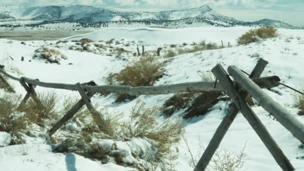 农村篱笆之间的背景下雪山雪山的油锅 — 图库视频影像