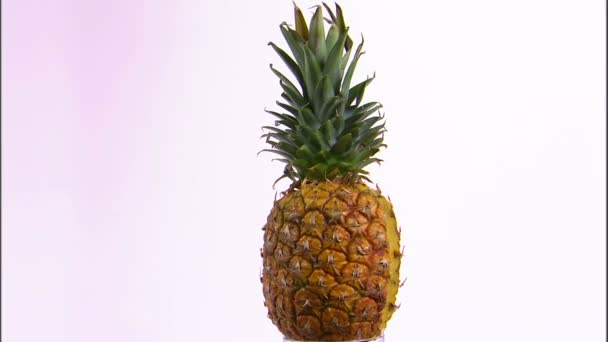 广角镜头的菠萝与楔切出它绕着一个白色的屏幕 — 图库视频影像