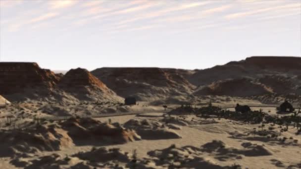 Sobrevoo Uma Paisagem Deserta Estéril Com Pássaro Voador Cactos Habitações — Vídeo de Stock