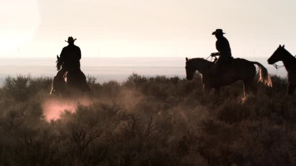 Zeitlupenaufnahme Von Cowboys Die Durch Die Wüste Galoppieren Die Dämmerung — Stockvideo