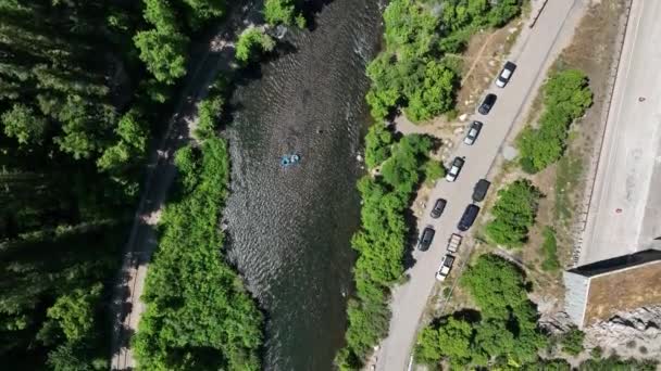 Aerial View Provo River Vehicles Parked Next Tunnel Flying Upsteam — Stock videók