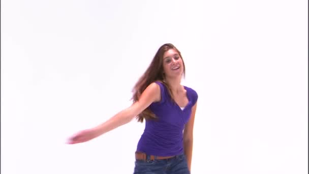 Shot Girl Dancing Purple Shirt Jeans — Stock Video