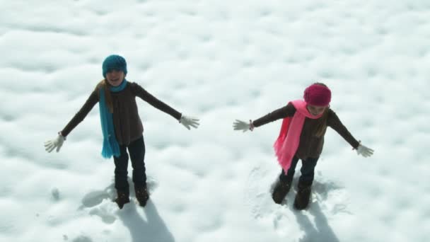 Meninas Gêmeas Cair Volta Uma Deriva Neve — Vídeo de Stock