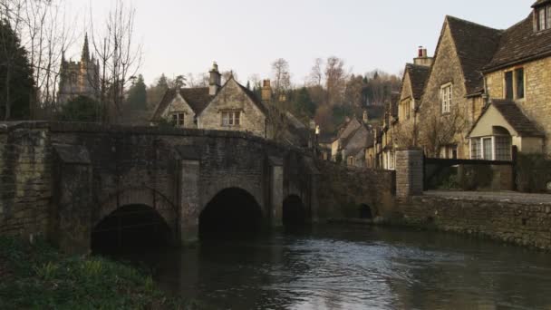 Wide Shot Old Stone Village Bridge Stream — Stock Video