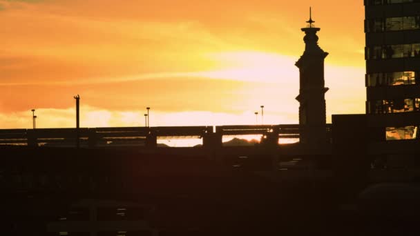 Широкий Знімок Помаранчевого Жовтого Заходу Сонця Птах Видно Літає Над — стокове відео