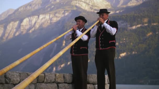 アルフォンと白のパン 湖の端の石垣に立つ男性のアルフォン奏者 山は湖の反対側に彼らの後ろに立ち上がる スイスで撮影 — ストック動画