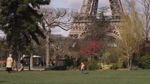Tiro Família Jogando Bola Com Árvores Torre Eiffel Fundo — Vídeo de Stock