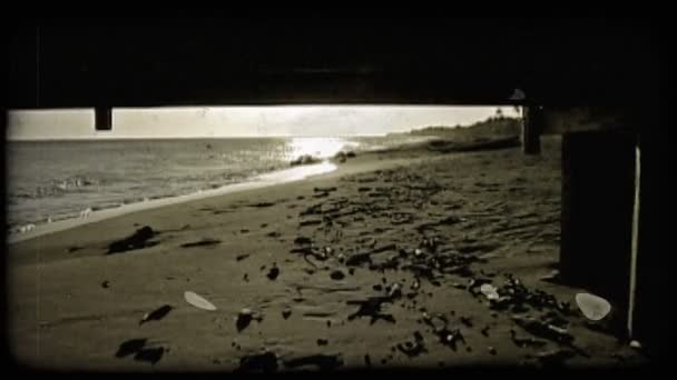 Vue Sous Jetée Des Vagues Brisant Doucement Sur Plage Sable — Video