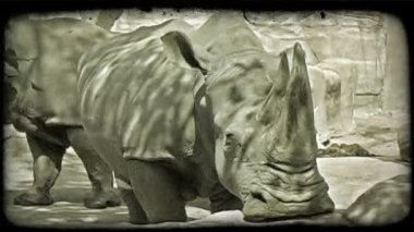 Büyük gri rhinosceros istinat duvarı duvarın arkasında, tarafından diğer rhinosceros yürüyüşler sırasında sahte kaya yapı duvarları içinde geçmiş bir hayvanat bahçesi ile üstüne yerleştirilen ağız ile duruyor. Vintage stilize video klip.