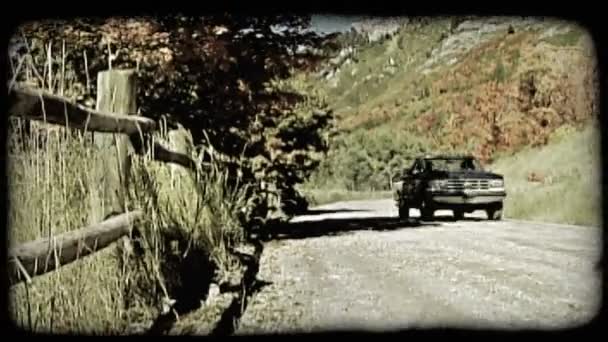 Blue Tan Pick Truck Drives Mountain Gravel Road Next Autumn — Stock Video