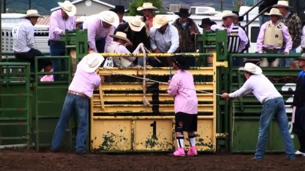 Kowboj Rodeo Wyskakuje Bramy Bucking Bronco Jest Wrzucony Błota — Wideo stockowe