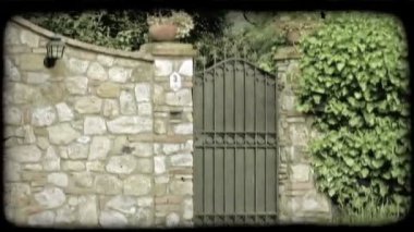 Taştan bir duvar ile çok sayıda çeşitli ağaçlar ve bitkiler diğer tarafta bir Iron gate bir kadeh. Vintage stilize video klip.