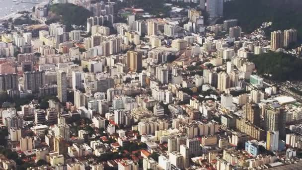 Pan Légi Felvétel Rio Janeiro Felhőkarcolók Ipanema Strand Corcovado Hegy — Stock videók