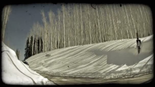 ホワイト シルバーの Suv としての広角ショットは両側雪深い銀行と裸 背の高い木々 に囲まれ 丘をドライブします ビンテージの様式化されたビデオ クリップ — ストック動画