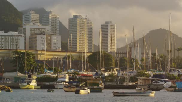 リオデジャネイロ 2013年6月19日 遠くに建物を持つ多数のボートと黄金の光のグアナバラ湾の静的なショット — ストック動画