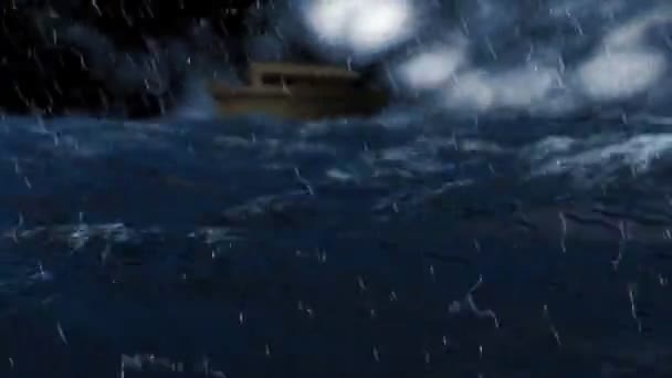 Ноев Ковчег Брошен Через Бурное Бурное Море Молния Вспыхивает Переднем — стоковое видео