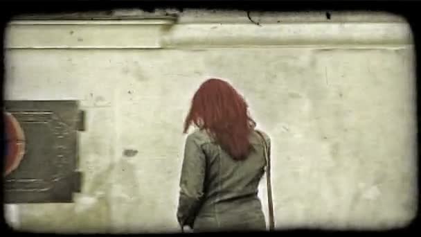 Backside Shot Red Haired Austrian Woman Walking Vienna Vintage Stylized — Stock Video