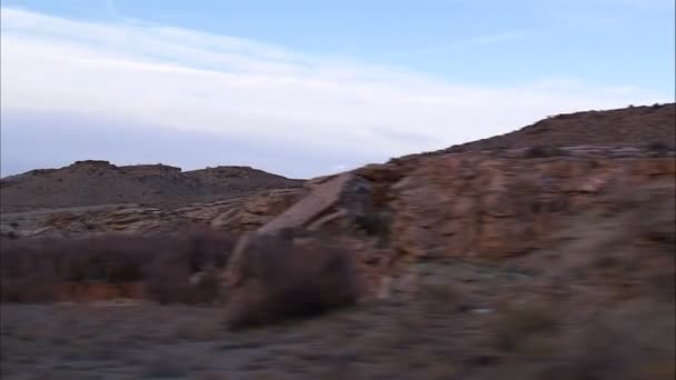 Wide Shot Desert Terrain Moving Car Road — Stock Video