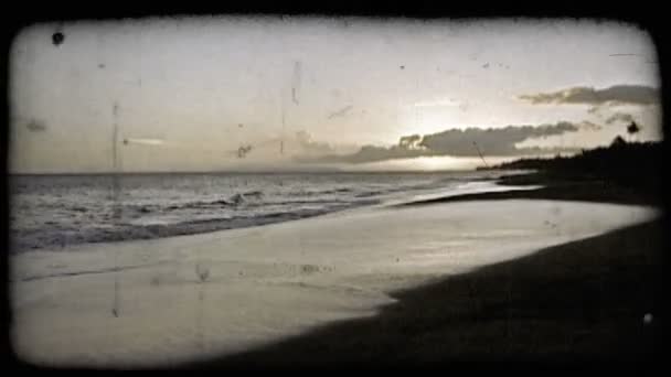 在夏威夷岛上的背景中 缓慢缩放美丽的荒芜海滩正面 并欣赏柔和的橙色日落 复古风格化视频剪辑 — 图库视频影像