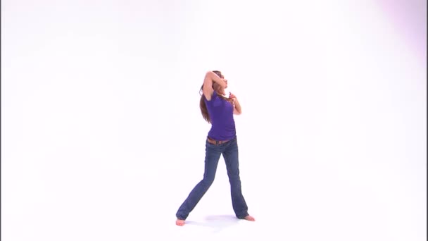 Shot Girl Dancing Purple Shirt Jeans — Stock Video