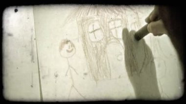 Arkadan bir çocuk çizer ve bir saray ve sopa-rakam beyaz bir tuval üzerine kahverengi kalemle renk olarak pan. Vintage stilize video klip.