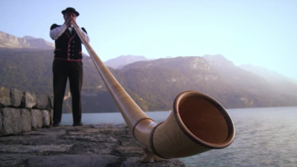 スイスとの国境の湖の隣の石垣に立ちながら アルフォンを演奏する男の低角度映像 — ストック動画
