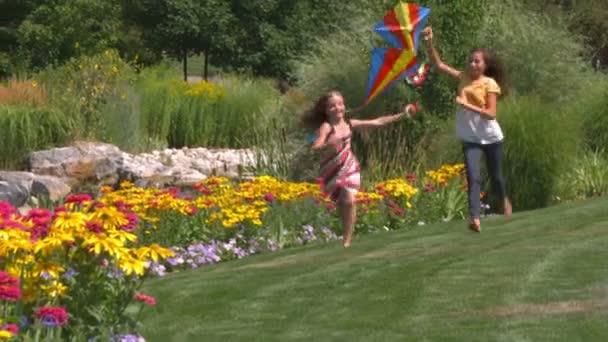 Two Girls Play Kites Beautiful Garden — Stock Video