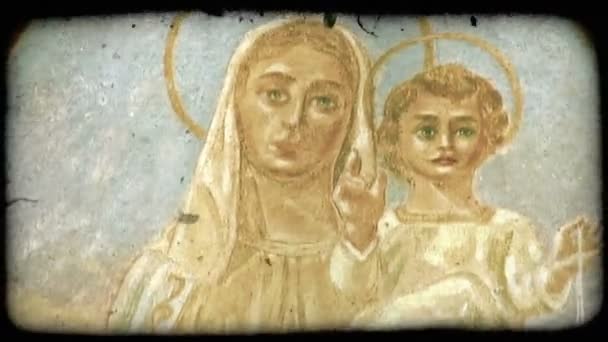 Close Shot Italian Painting Virgin Mary Baby Jesus Vintage Stylized — Stock Video