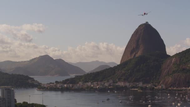 シュガーローフ マウンテン ジャネイロ ブラジル上空を飛ぶ飛行機の静的な映像 Sailborts 沖に停泊港に飛行機のアーキテクチャとして遠くの山々 — ストック動画
