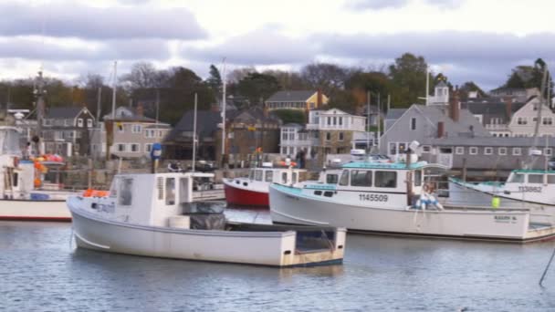 Panorámafelvétel Szemcsésedik Rockport Kikötő Motif Number Híres Vörös Halászati Kunyhó — Stock videók