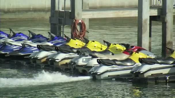Shot Row Parked Waverunners One Them Has Been Left Accelerator — Stock Video