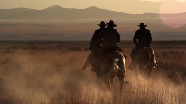 Dämmerungsaufnahme Von Vier Cowboys Die Den Sonnenuntergang Richtung Der Berge — Stockvideo