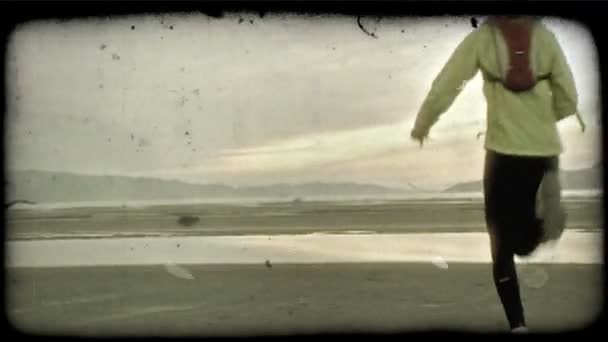 남자와 의류와 그레이트 레이크 Soflty 해변을 카메라에서 흐릿한 일출과 산맥을 — 비디오