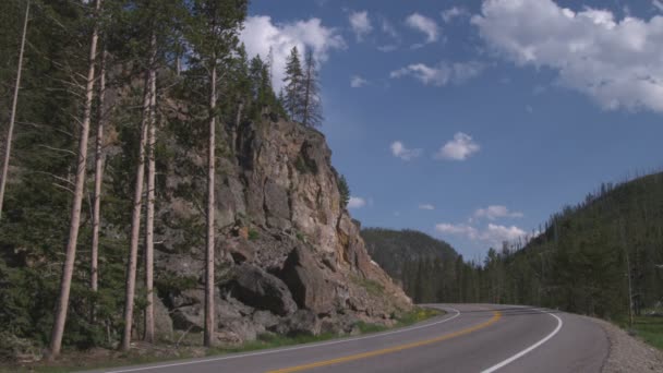 Середній Постріл Гора Шосе Через Дерев Автомобілів Повз Yellowstone — стокове відео