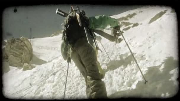 Esquiadores Duros Por Detrás Mientras Acarician Una Montaña Usando Bastones — Vídeos de Stock