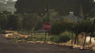 ABD'de kırsal bir alanda bir sokak panning çekim. Kamera sağdan sola hareket eder bazı binalar, bir araba ve bazı koşucular gösteren.