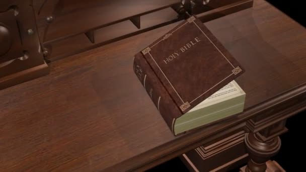 Acercarse Escritorio Adornado Como Una Biblia Cima Abre Las Primeras — Vídeo de stock